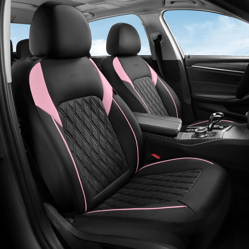 Black Pink Faux Leather Car Seat Covers Full Set I70041