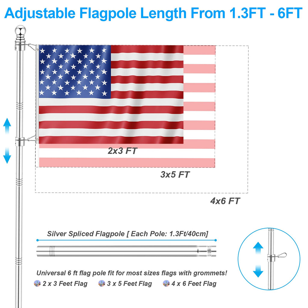 6 FT Metal Flagpole Kit and Stainless Steel Flagpole Clips I6465