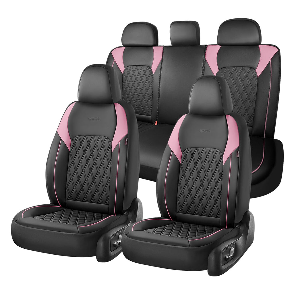 Black Pink Faux Leather Car Seat Covers Full Set I70041