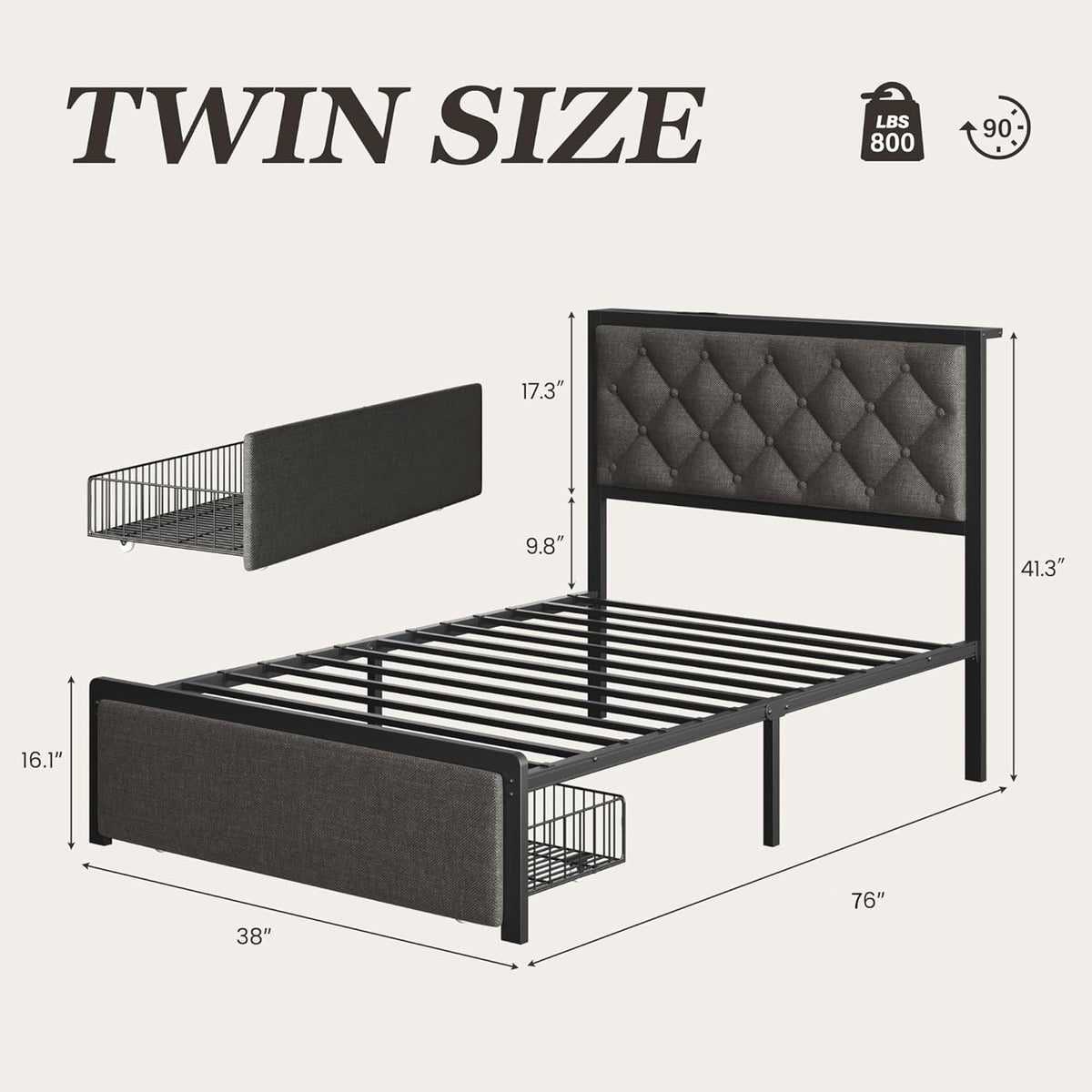 Grey Twin Bed Frame with Storage Drawer G97007