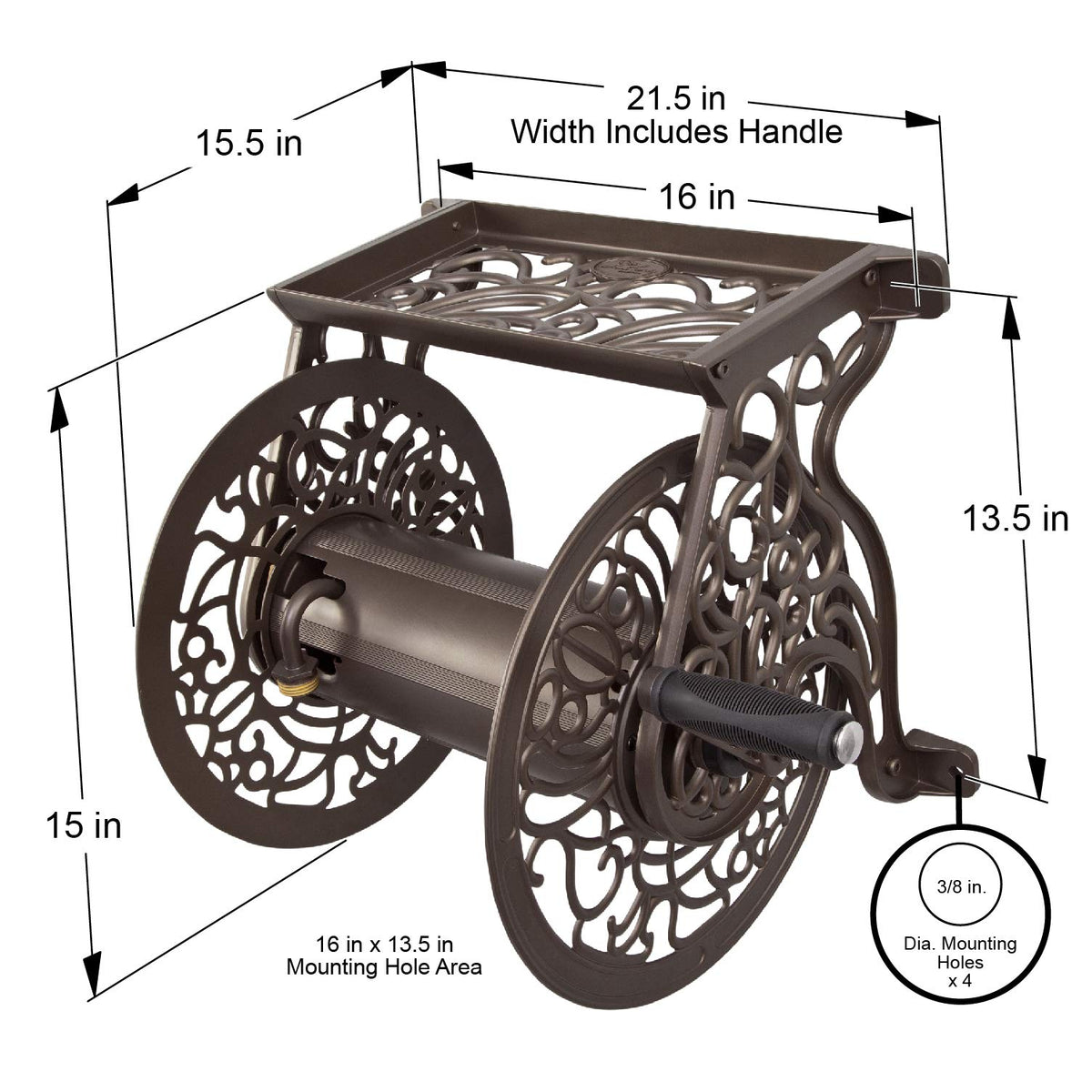 Cast Aluminum Wall Mount Hose Reel, Holds 125-Feet of 5/8-Inch Hose - Bronze B209