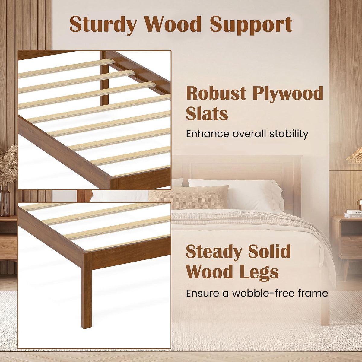 Twin Size Wooden Platform Bed with Headboard D7627