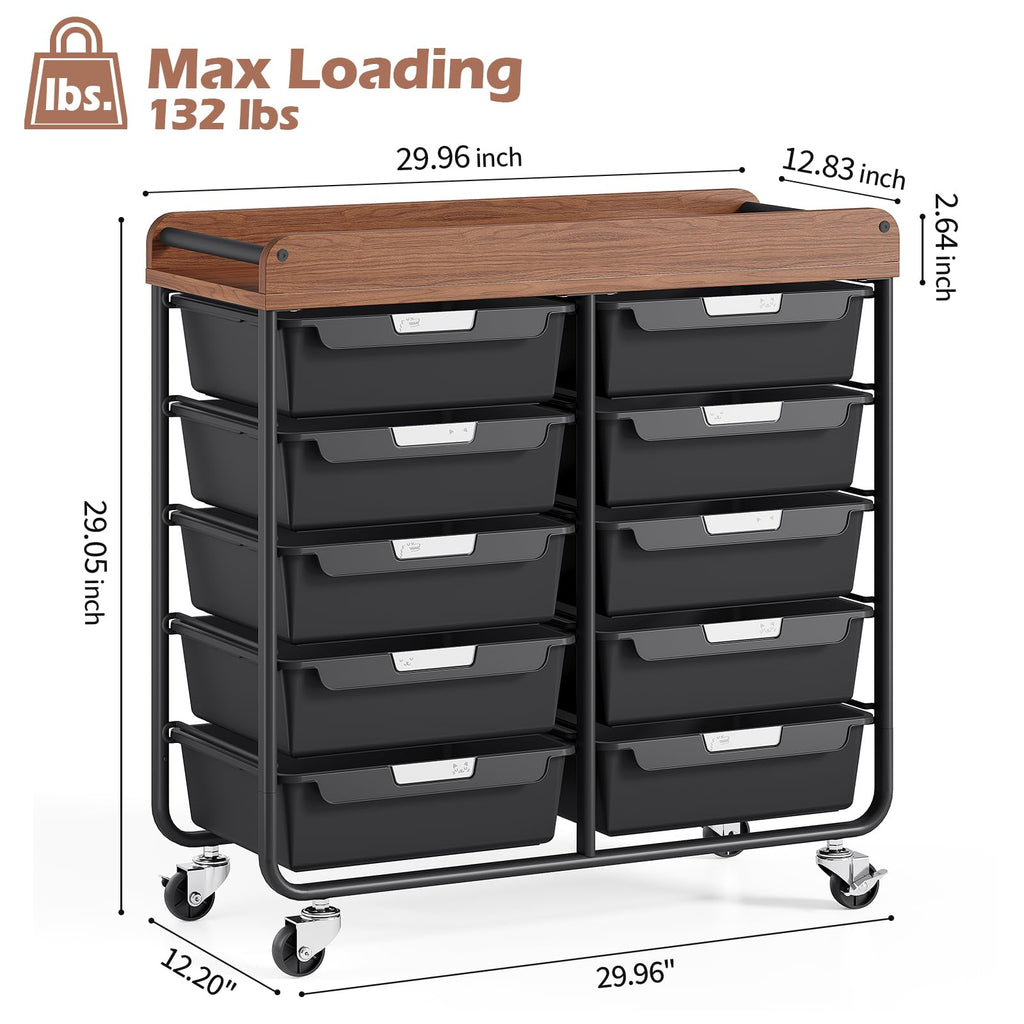 10 Drawer Rolling Storage Cart with Wooden Tabletop M1358