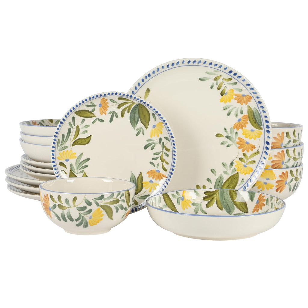 Hand Painted Stoneware Floral Dinnerware Set, Service for Four (16pcs) K2759