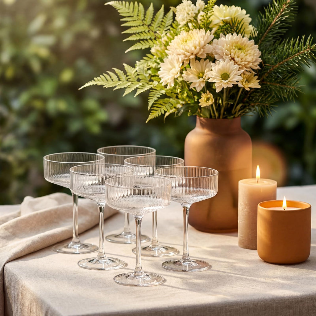 Set of 6 8 oz Clear Ribbed Coupe Glasses O1821