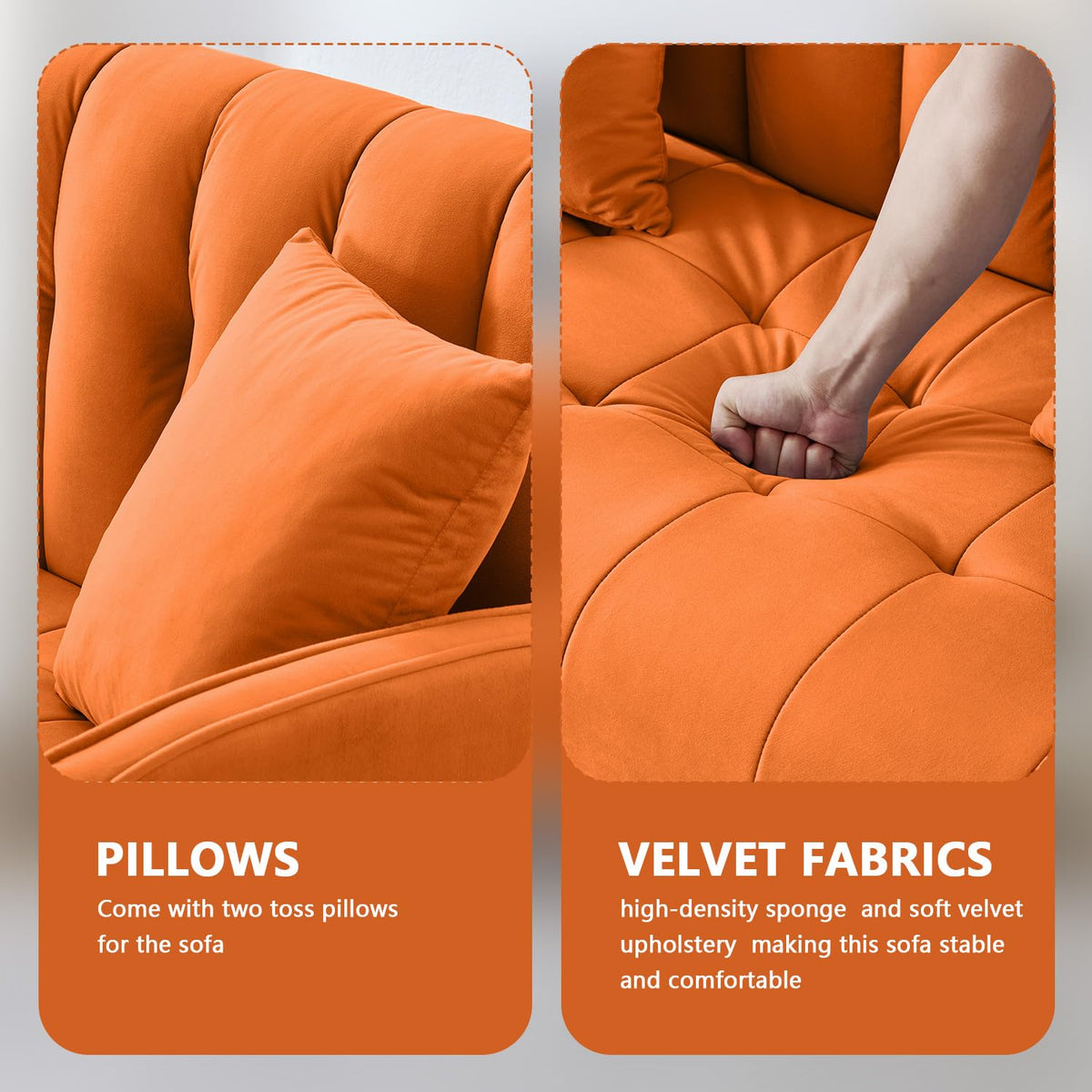 52" Orange Velvet 2 Seater Sofa with 2 Pillows T336278