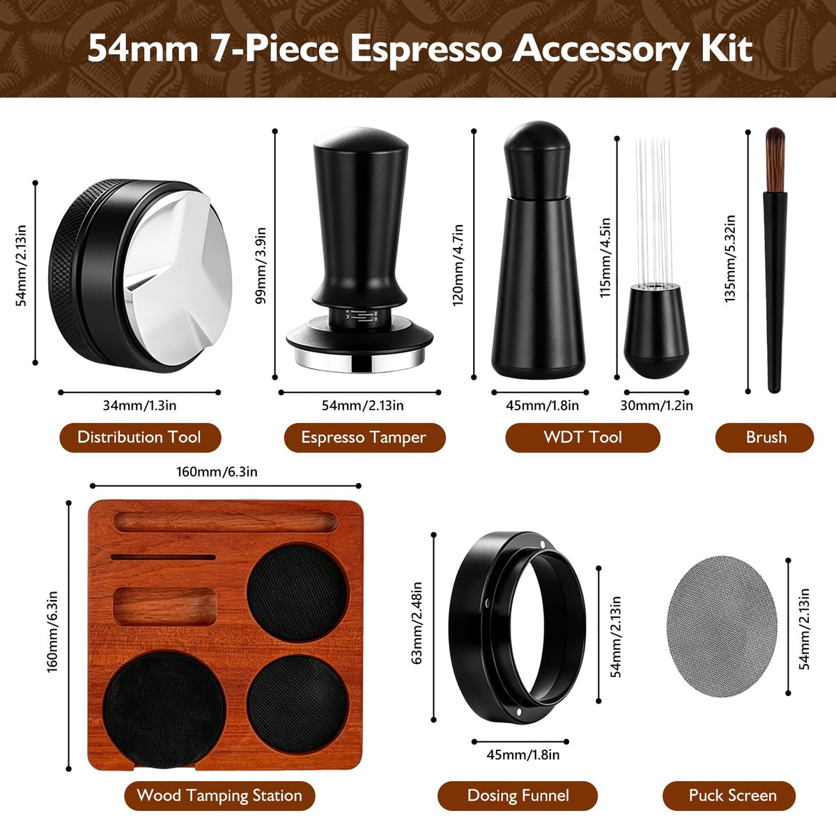 54mm 7Pcs Espresso Accessories Kit with Tamper, WDT Tool, Distributor, Puck Screen and Dosing Funnel E257