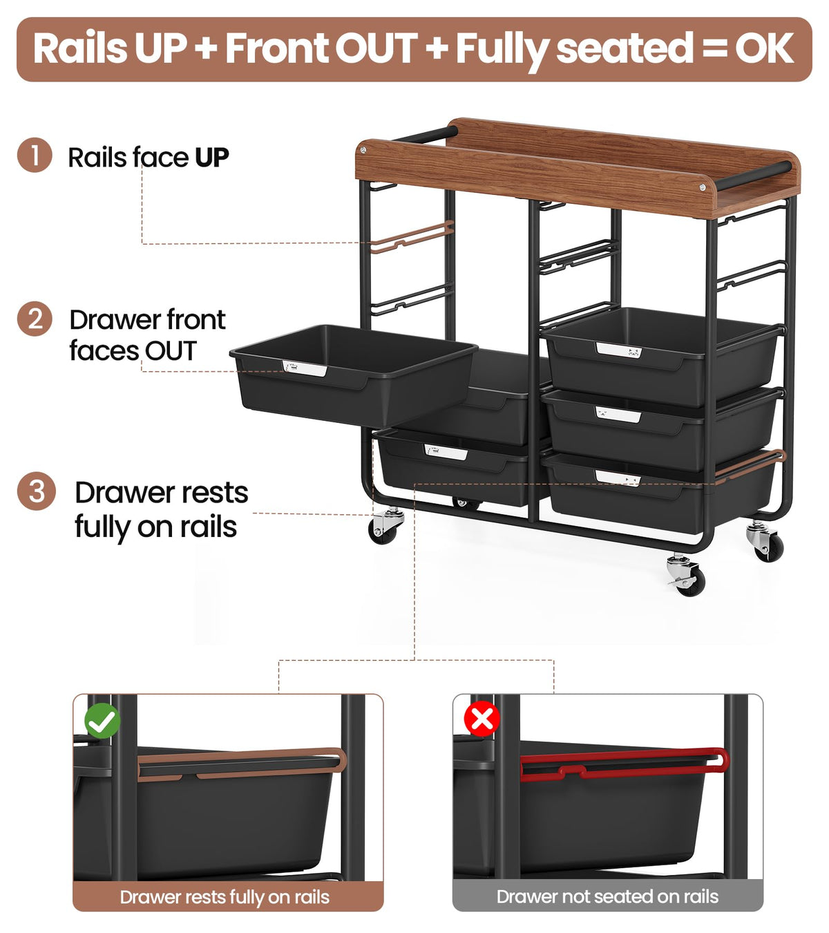 10 Drawer Rolling Storage Cart with Wooden Tabletop M1358