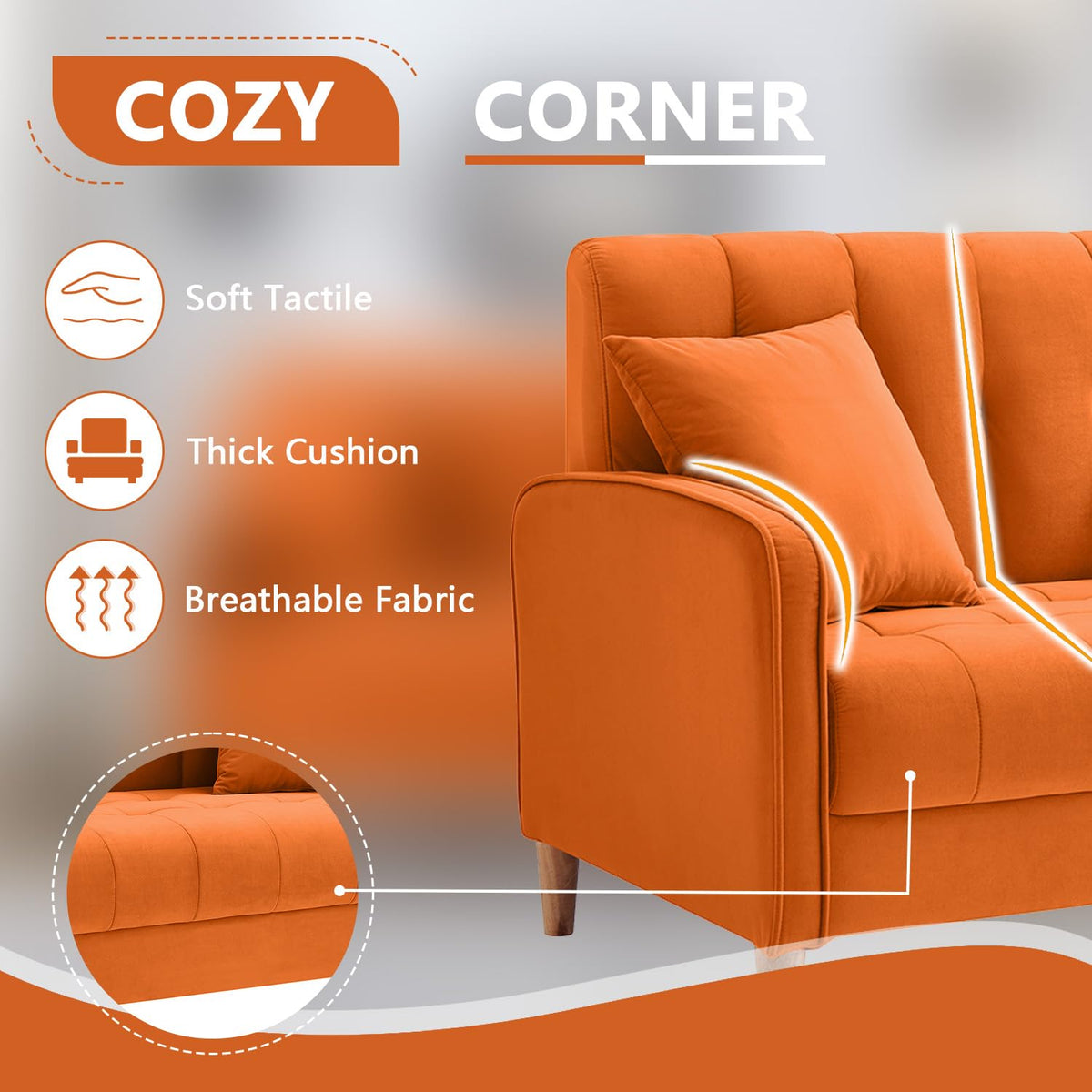 52" Orange Velvet 2 Seater Sofa with 2 Pillows T336278
