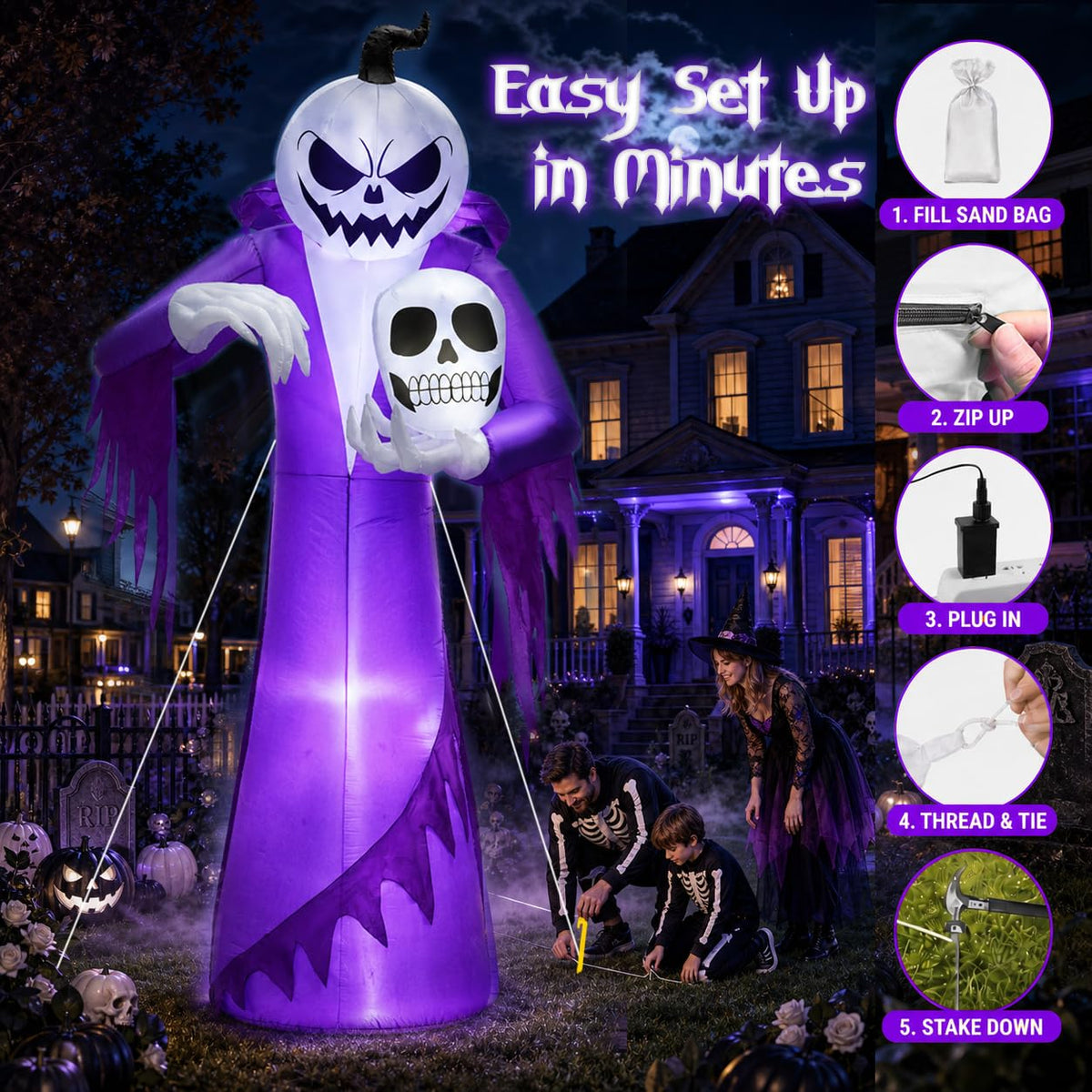 12FT Halloween Inflatables Outdoor Pumpkin Ghost Wizard H255