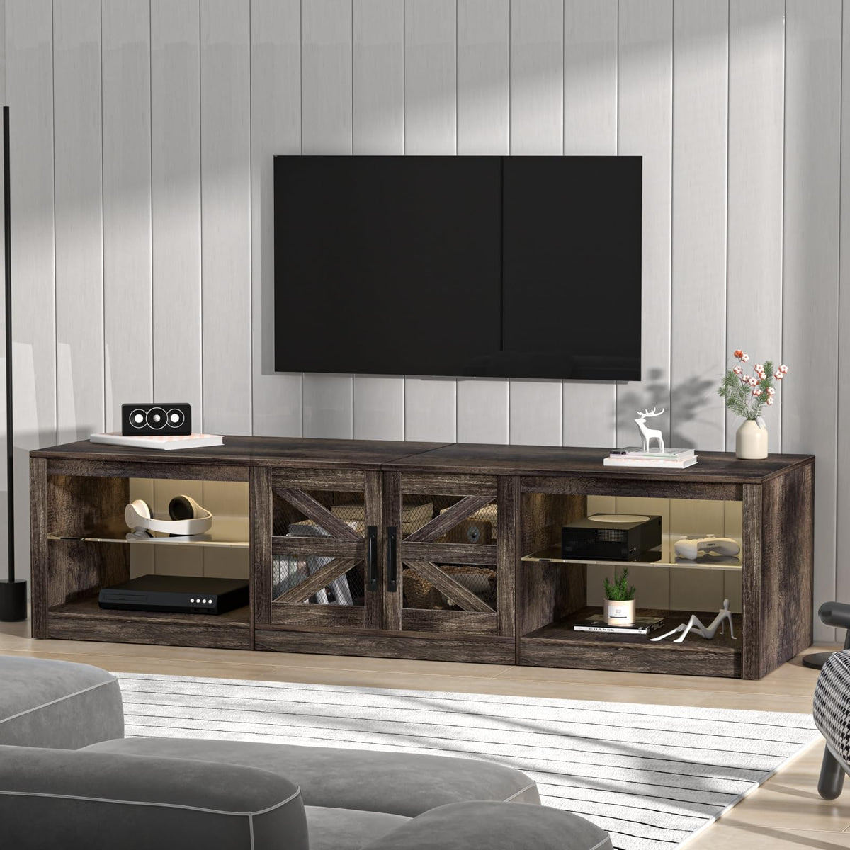 Rustic Brown Grey TV Stand with Sliding Barn Door Y56522