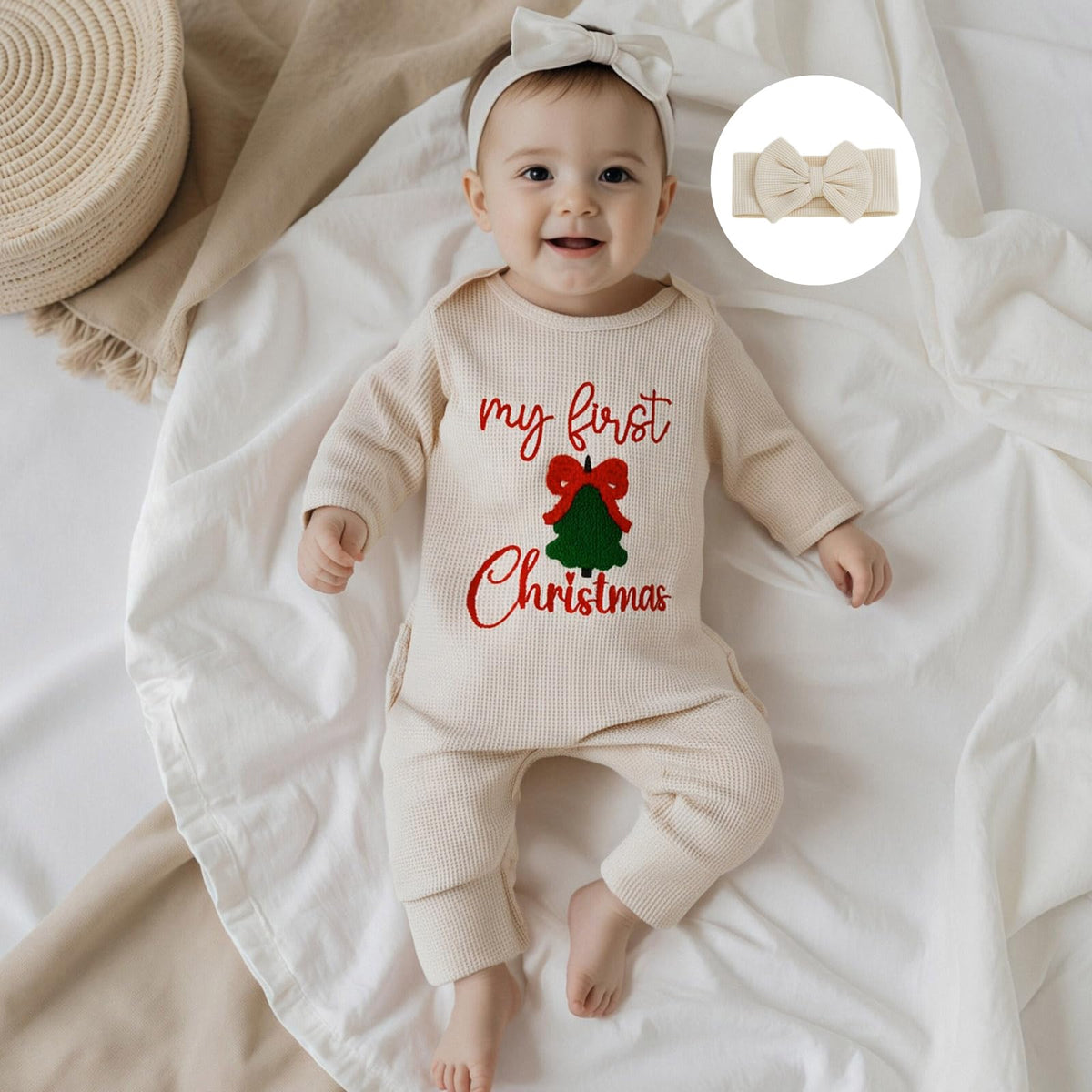 My First Christmas Baby Girl Onesie Long Sleeve Romper Headband J76365