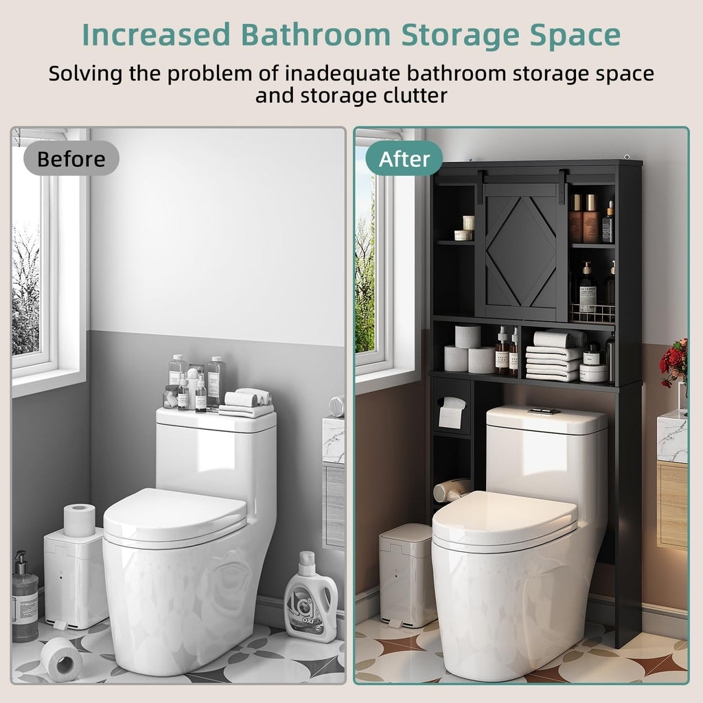 Black Over the Toilet Storage Cabinet with Sliding Barn Door K20627