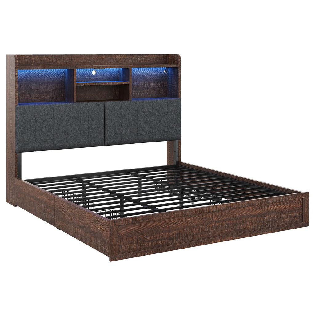 King Brown Storage Bed with Bookcase Headboard & Drawer E76867