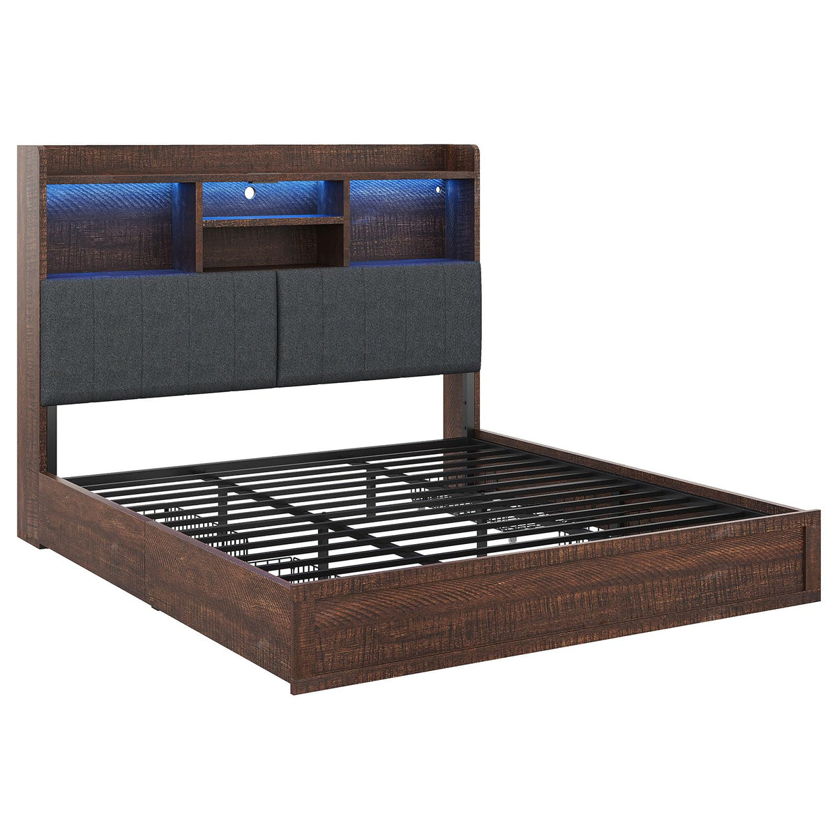 King Brown Storage Bed with Bookcase Headboard & Drawer E76867