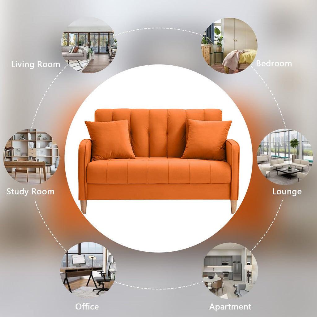 52" Orange Velvet 2 Seater Sofa with 2 Pillows T336278