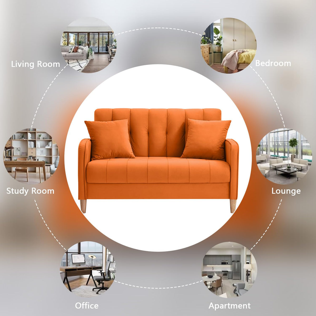 52" Orange Velvet 2 Seater Sofa with 2 Pillows T336278