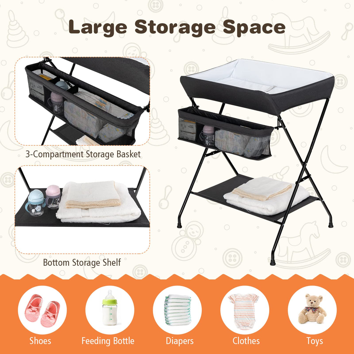 Portable Baby Changing Table with Safety Belt Black J33267