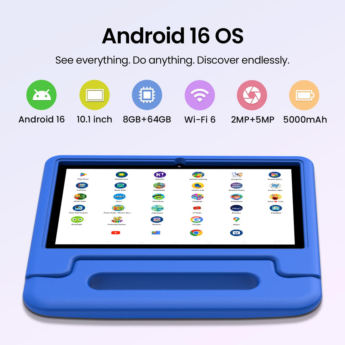 Android 16 Kids Tablet 10 Inch HD Display 8GB RAM 64GB ROM Blue D428