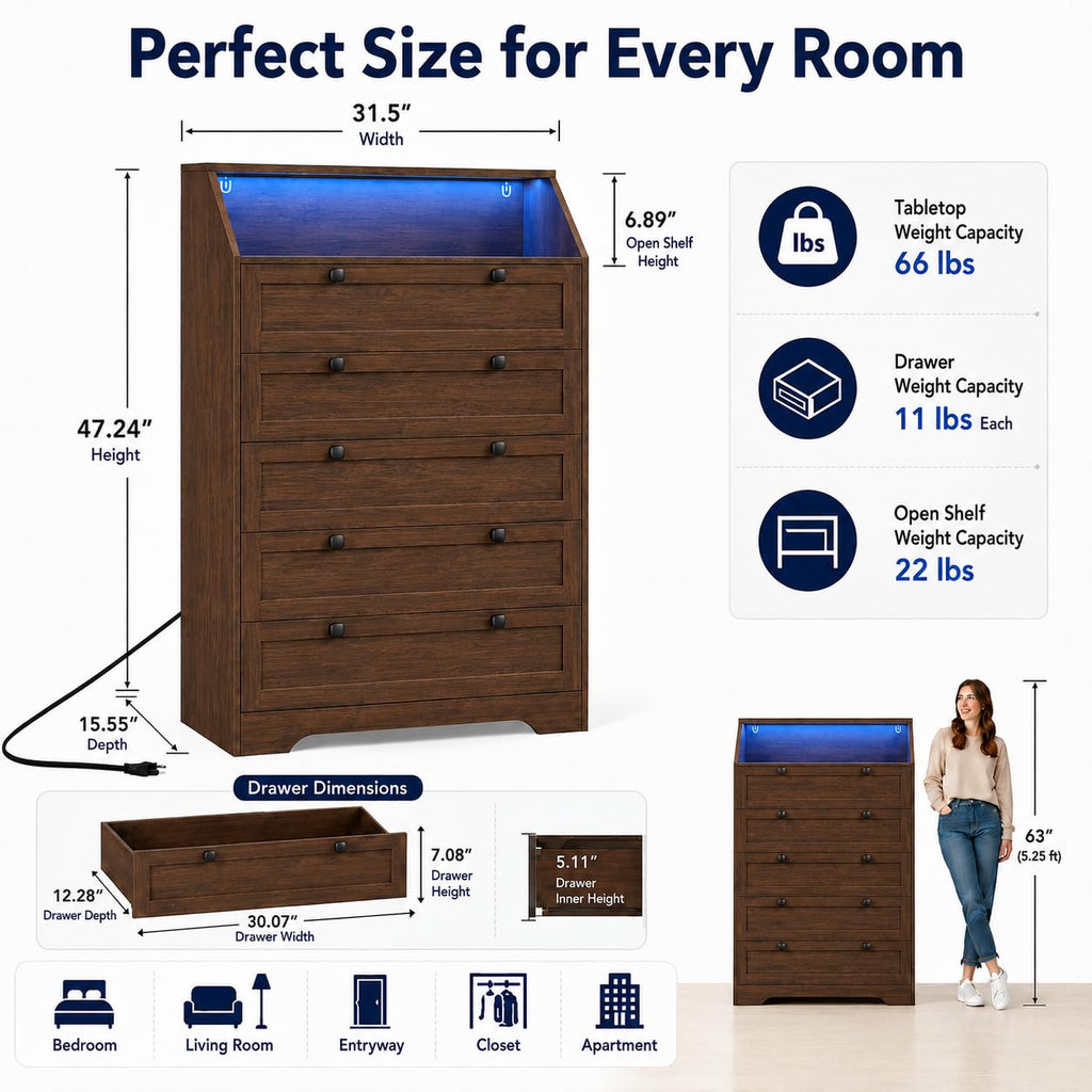 Walnut 5 Drawer Dresser M7908