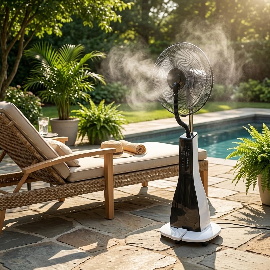 47" Misting Oscillating Pedestal Fan with Water Tank, Remote, Timer, 3 Speeds, Black White W8640