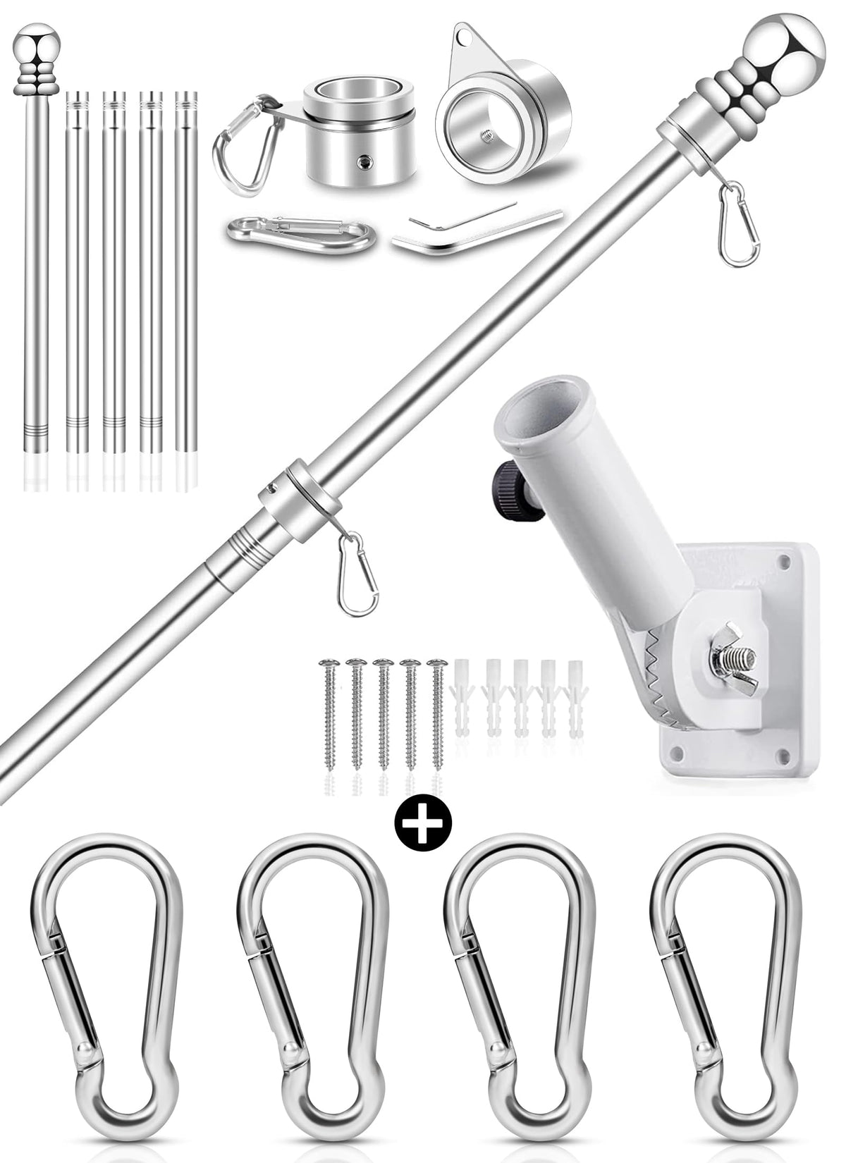 6 FT Metal Flagpole Kit and Stainless Steel Flagpole Clips I6465