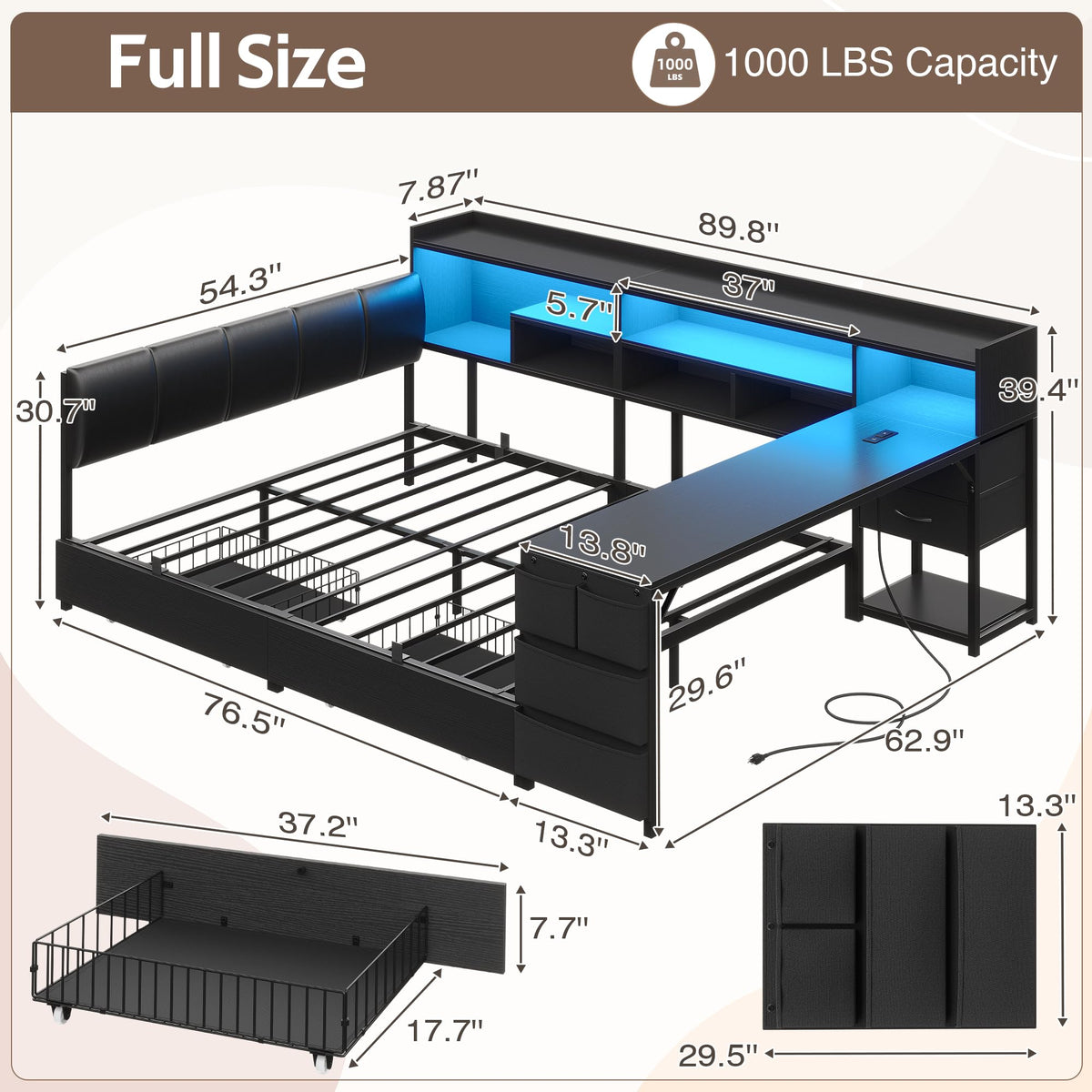 Black Corner Bed Frame Full with Storage and Desk F763637