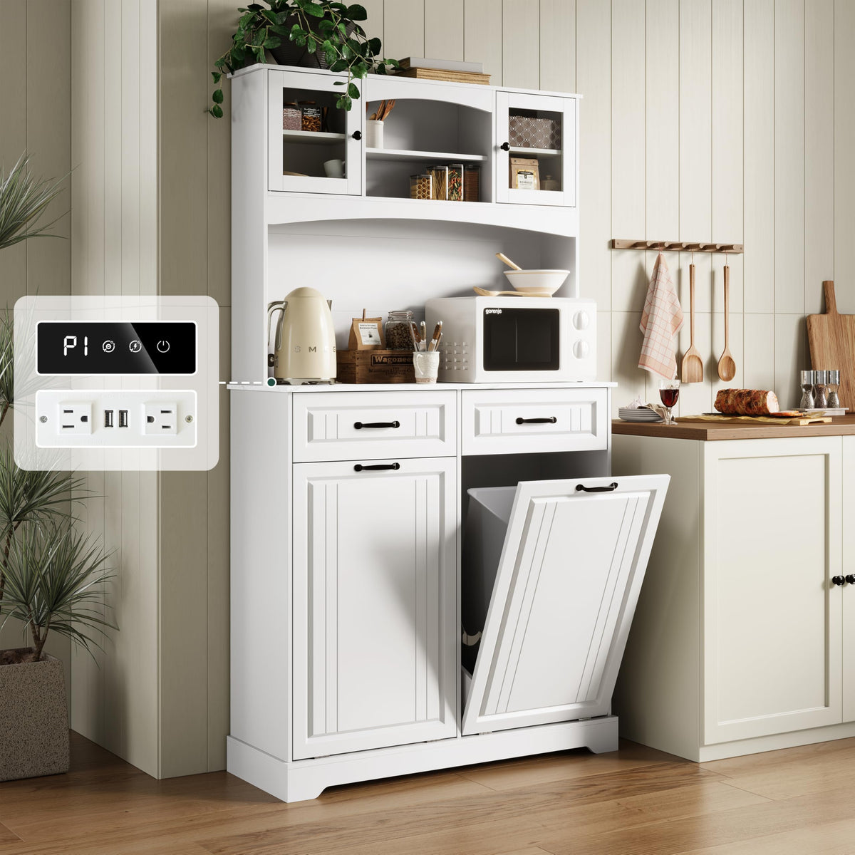 13 Gallons Double Tilt Out Trash Can Cabinet with Power Outlet, 71" Tall Kitchen Pantry Storage Cabinet, White O56880