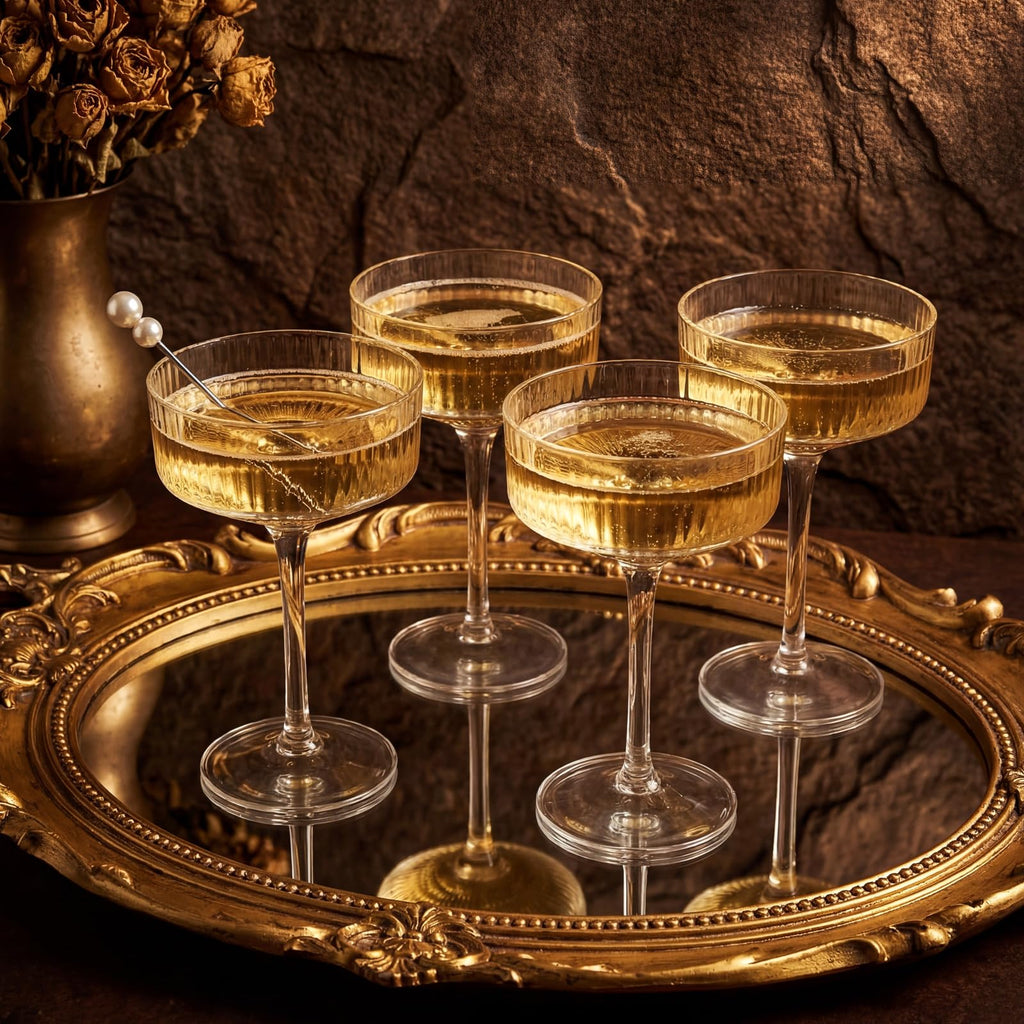 Set of 6 8 oz Clear Ribbed Coupe Glasses O1821