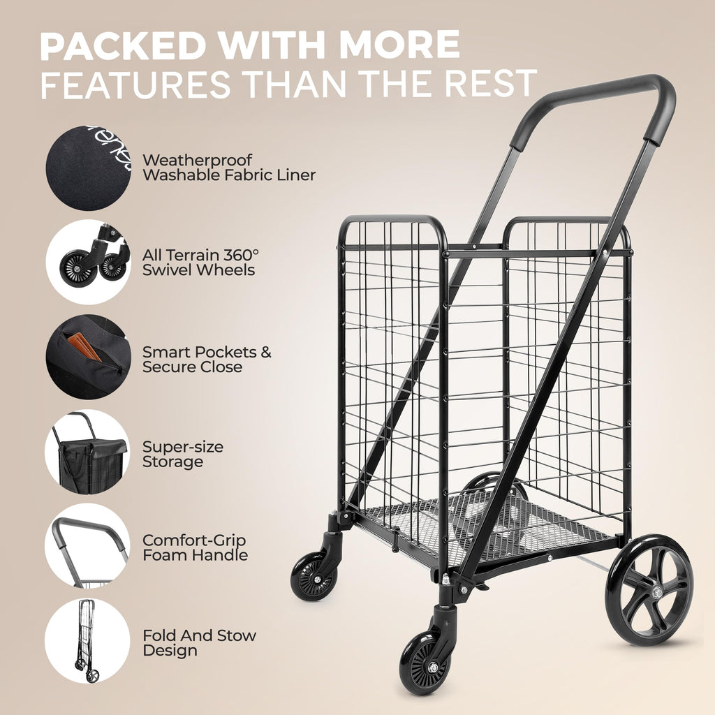 Large Folding Utility Shopping Cart with Removable Liner, 110 lb Capacity, Black D8267