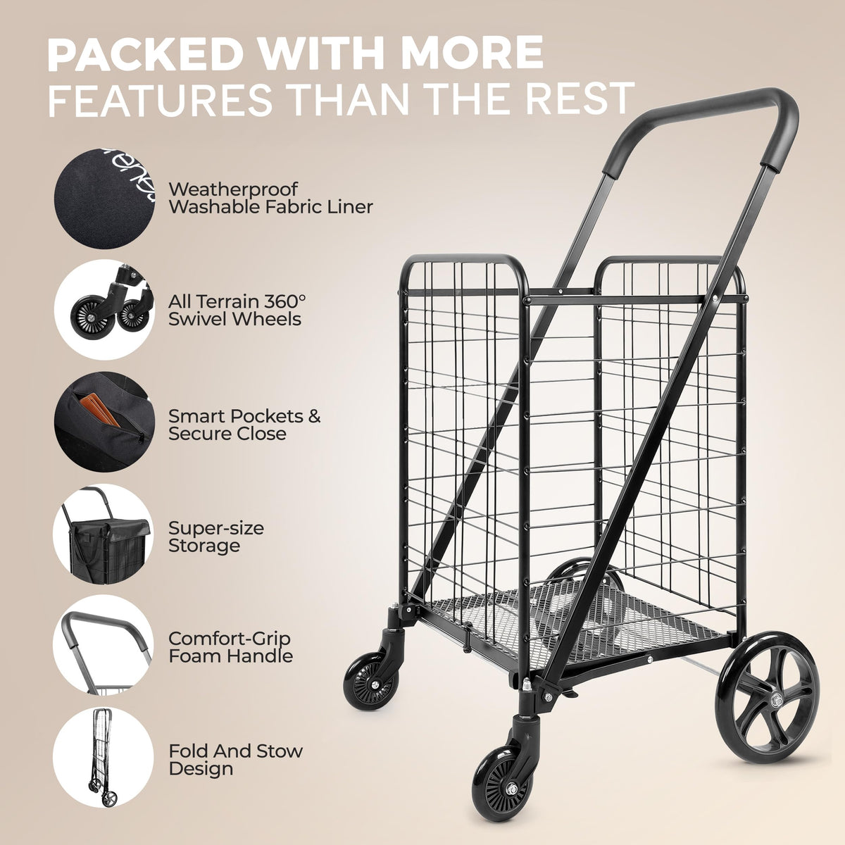 Large Folding Utility Shopping Cart with Removable Liner, 110 lb Capacity, Black D8267