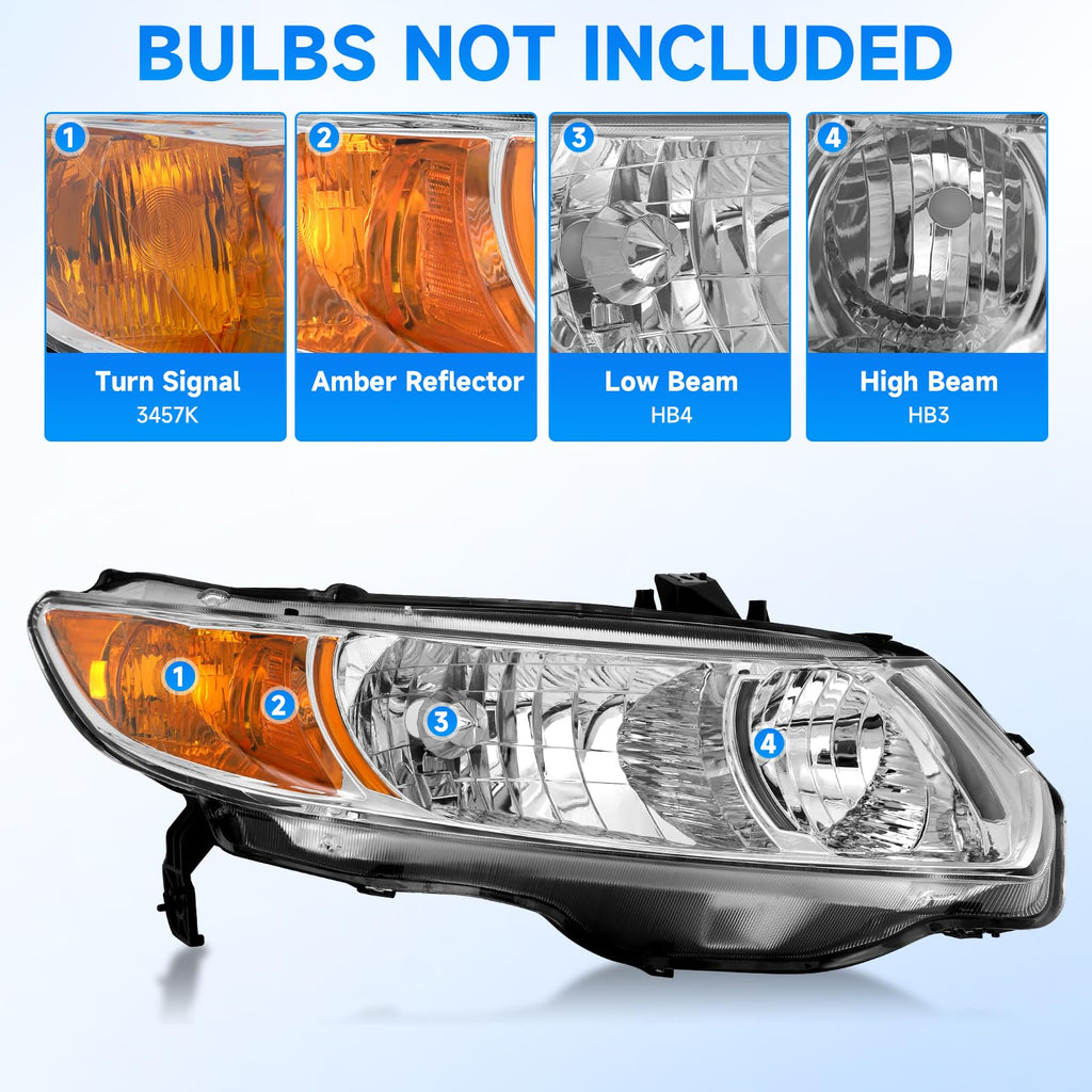 Headlight Assembly for 2006-2011 Honda Civic 2-Door Chrome Housing Amber Reflector J1693