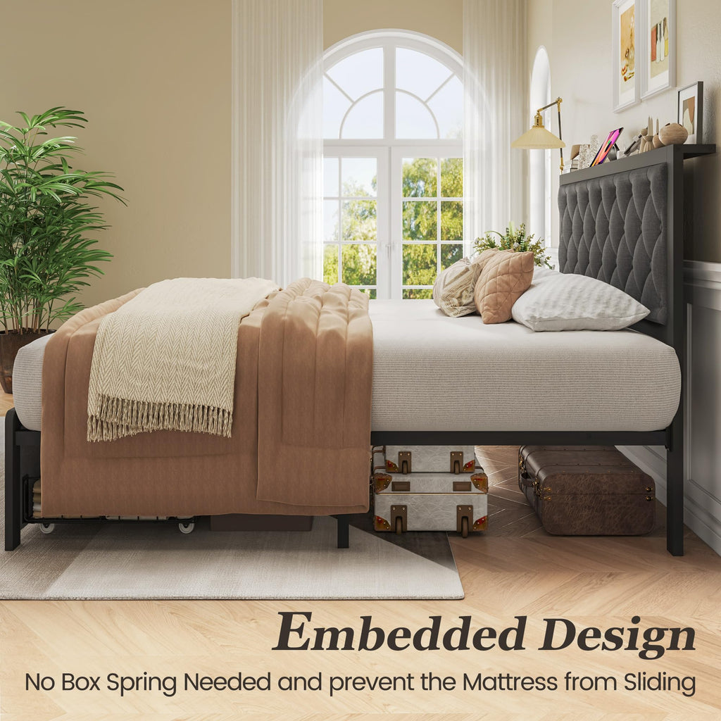 Grey Twin Bed Frame with Storage Drawer G97007