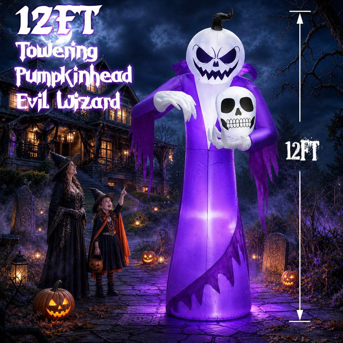 12FT Halloween Inflatables Outdoor Pumpkin Ghost Wizard H255