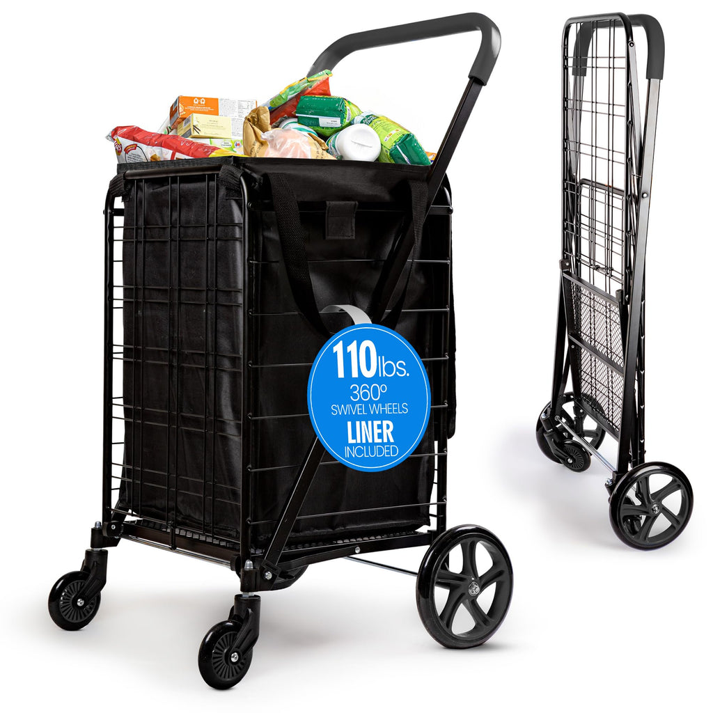 Large Folding Utility Shopping Cart with Removable Liner, 110 lb Capacity, Black D8267