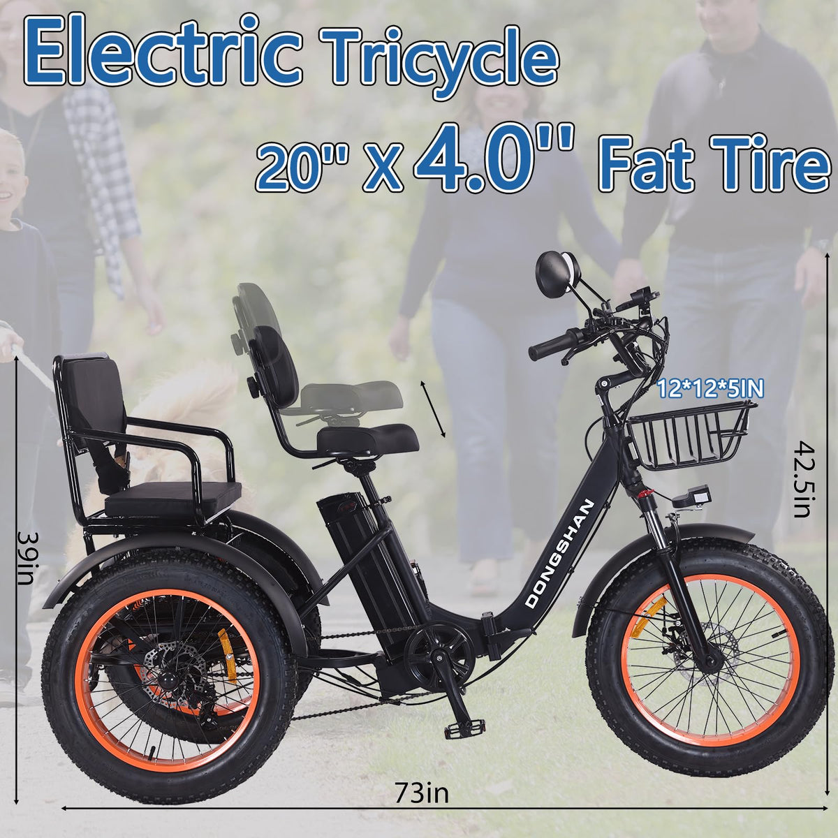 20"x4.0" Fat Tire 750W Folding Electric Tricycle 48V 15Ah Aluminum 7-Speed L687