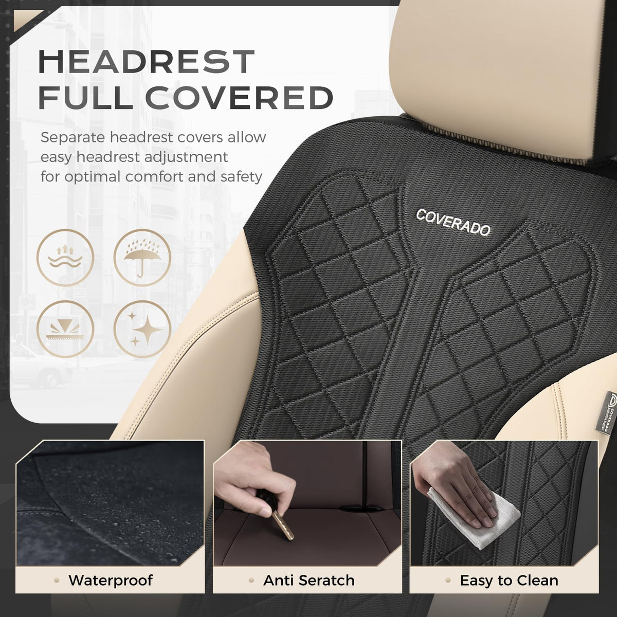 Beige 5-Piece PU Leather Mesh Car Seat Covers U66363