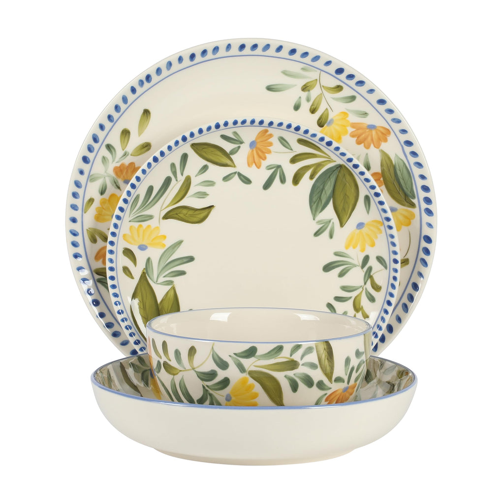 Hand Painted Stoneware Floral Dinnerware Set, Service for Four (16pcs) K2759