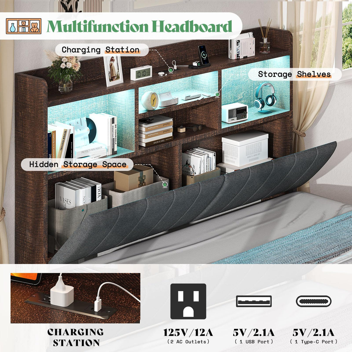 King Brown Storage Bed with Bookcase Headboard & Drawer E76867
