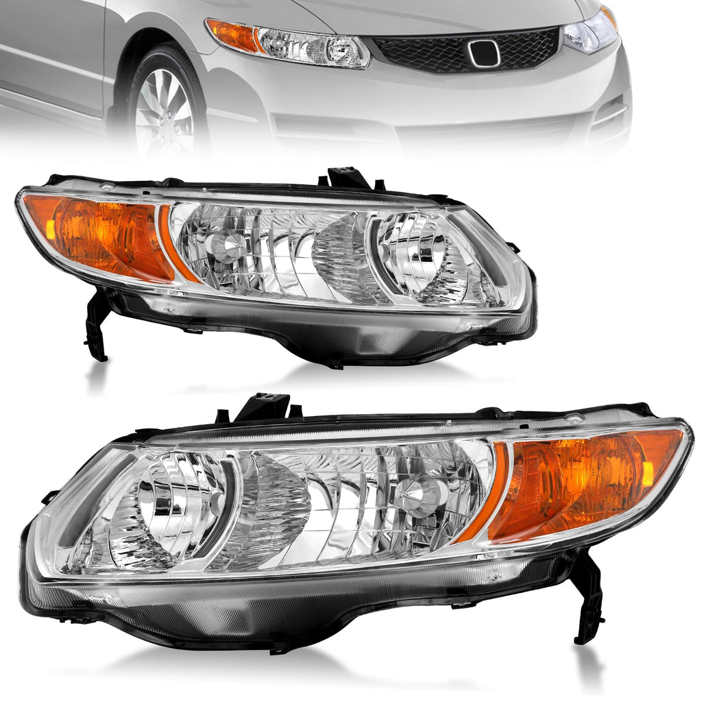 Headlight Assembly for 2006-2011 Honda Civic 2-Door Chrome Housing Amber Reflector J1693