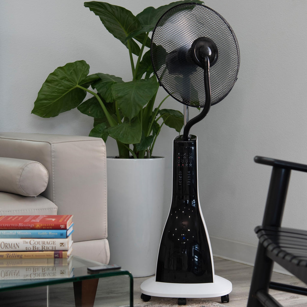 47" Misting Oscillating Pedestal Fan with Water Tank, Remote, Timer, 3 Speeds, Black White W8640