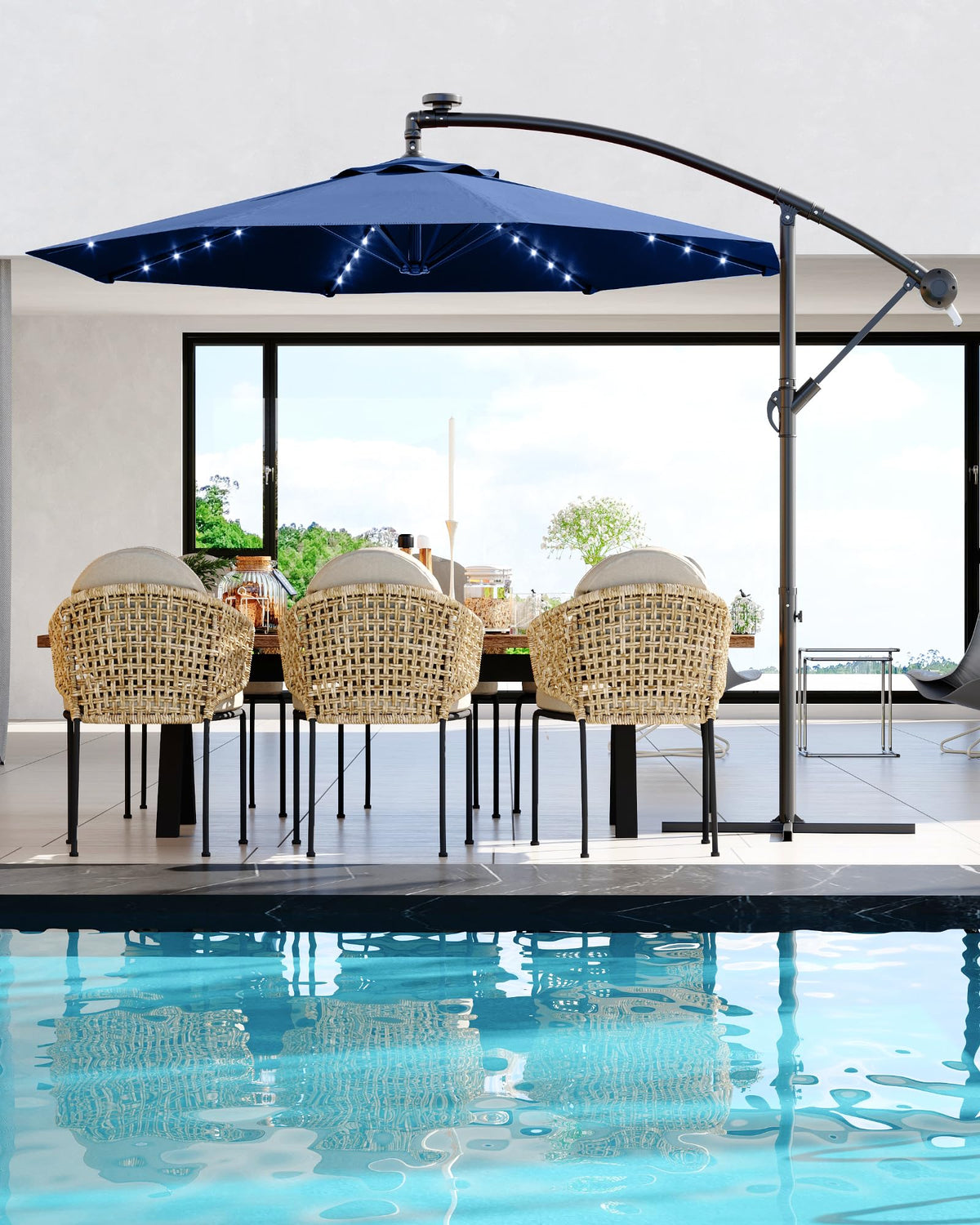 10 ft Navy Blue Cantilever Umbrella with Solar Lights I16368