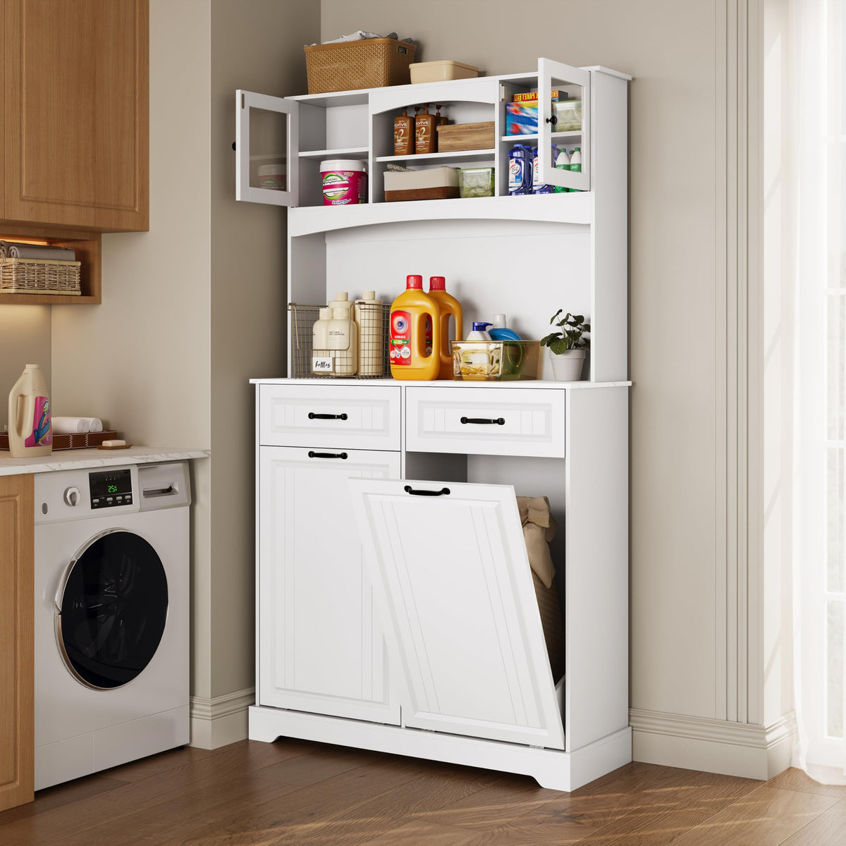 13 Gallons Double Tilt Out Trash Can Cabinet with Power Outlet, 71" Tall Kitchen Pantry Storage Cabinet, White O56880