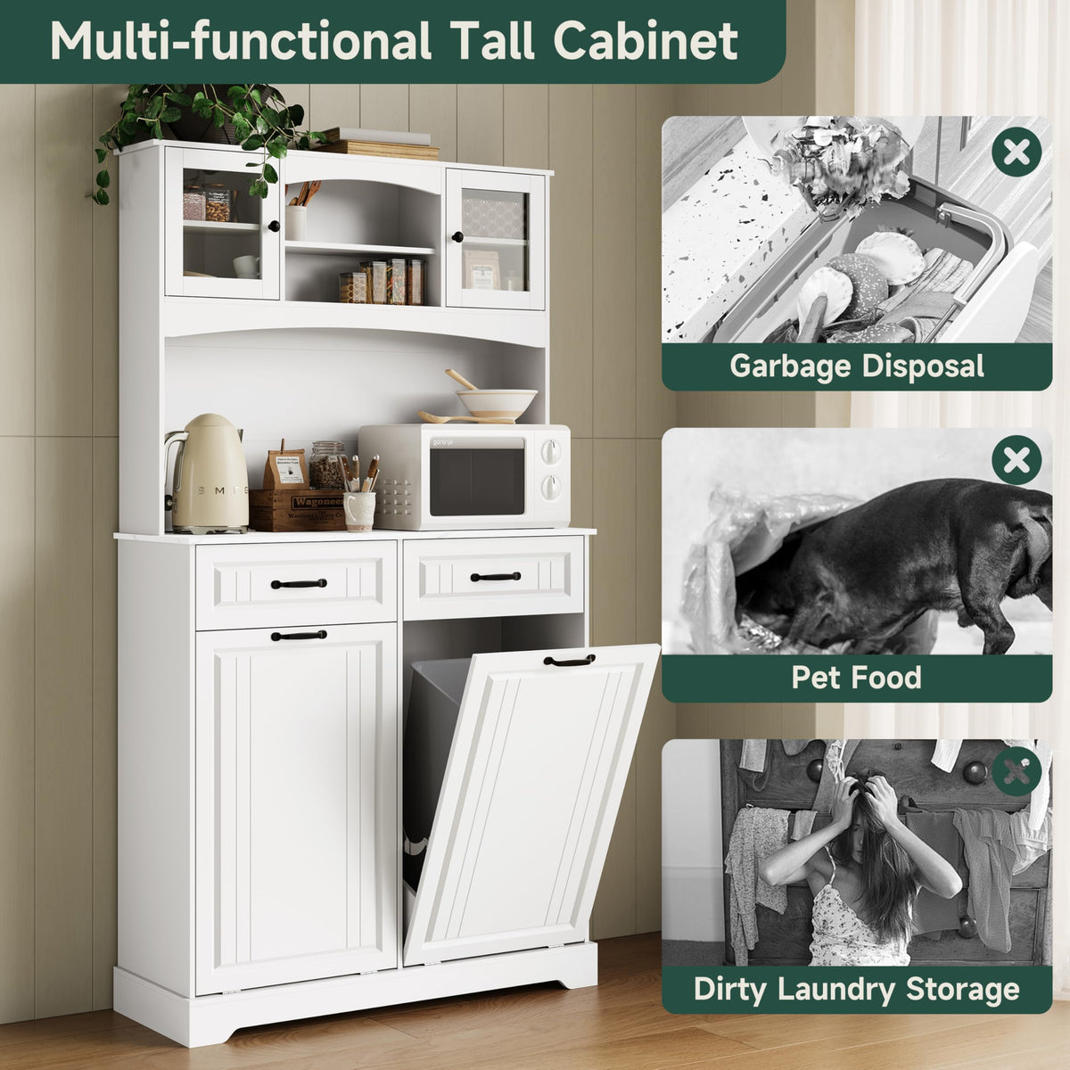 13 Gallons Double Tilt Out Trash Can Cabinet with Power Outlet, 71" Tall Kitchen Pantry Storage Cabinet, White O56880