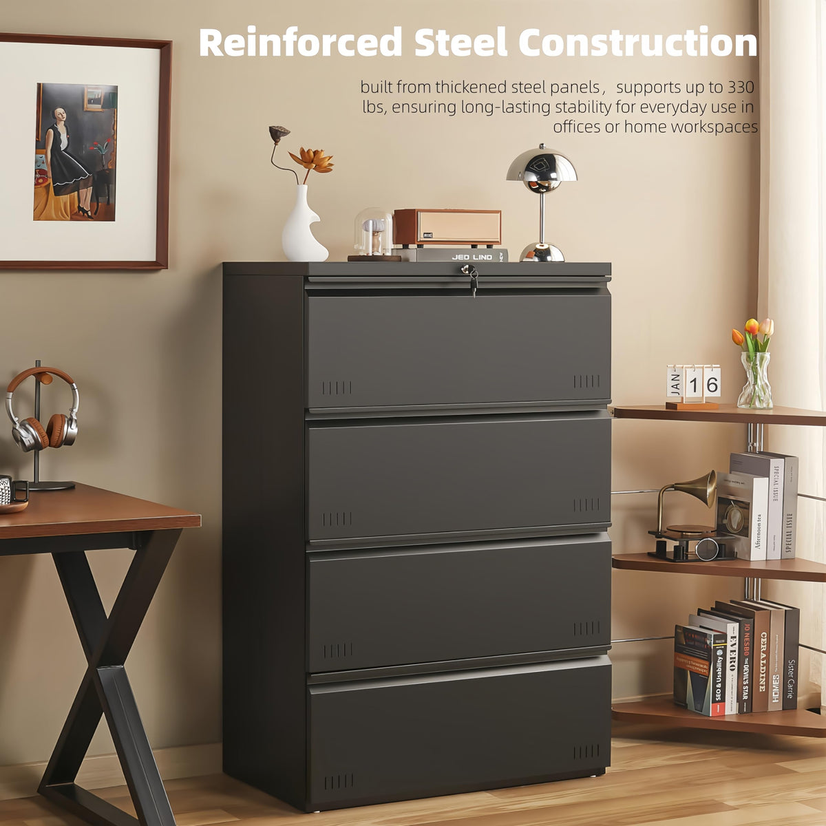 Metal File Cabinet with Lock, 4 Drawer Heavy Duty Office Storage Cabinet M975511