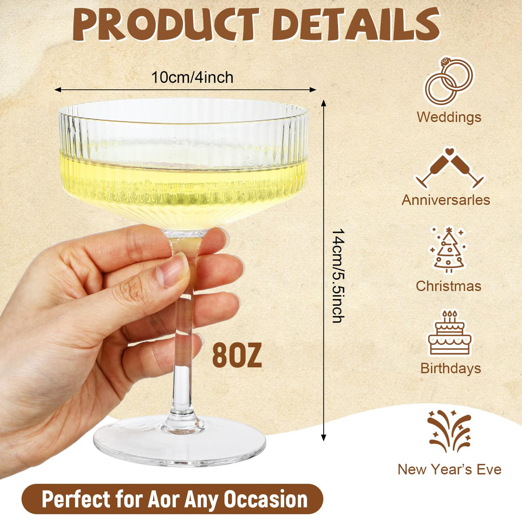 Set of 6 8 oz Clear Ribbed Coupe Glasses O1821