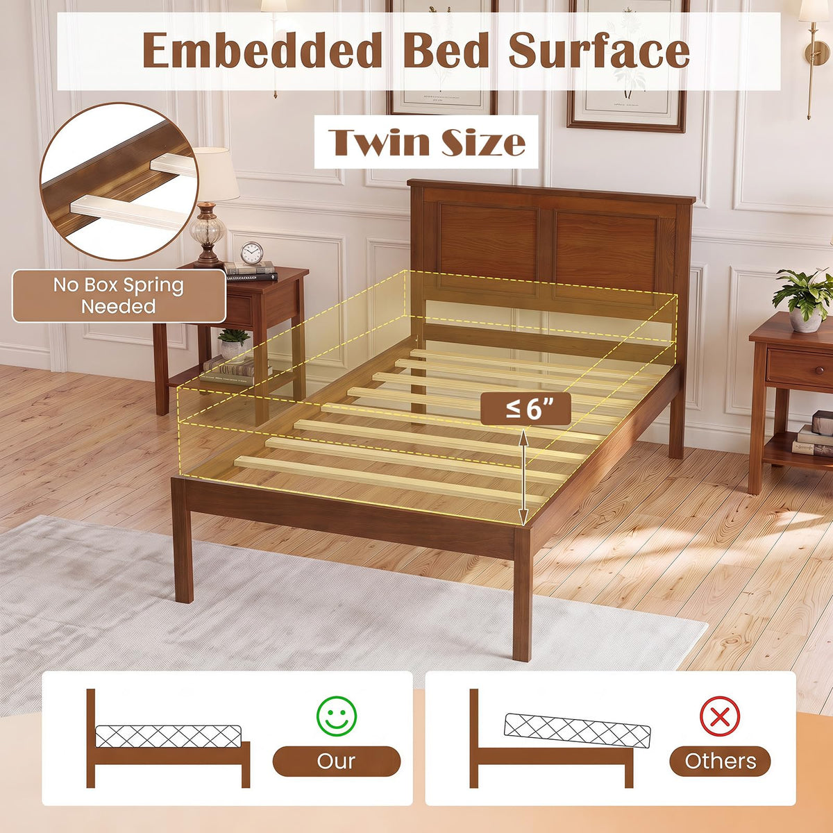 Twin Size Wooden Platform Bed with Headboard D7627