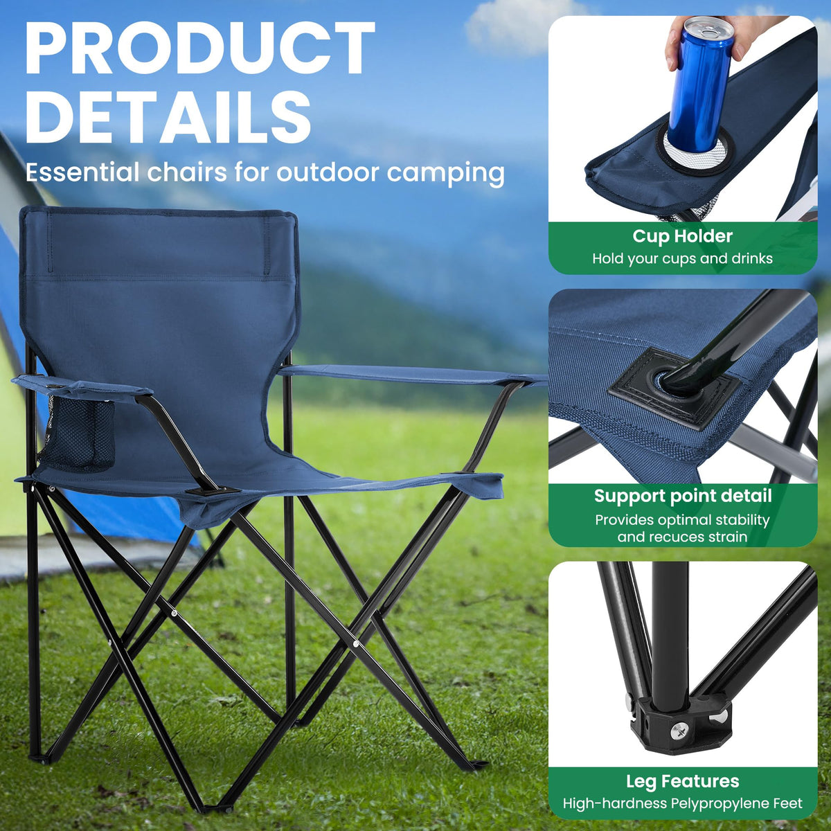 2-Pack Foldable Camping Chairs with Cup Holder, Carry Bag L873