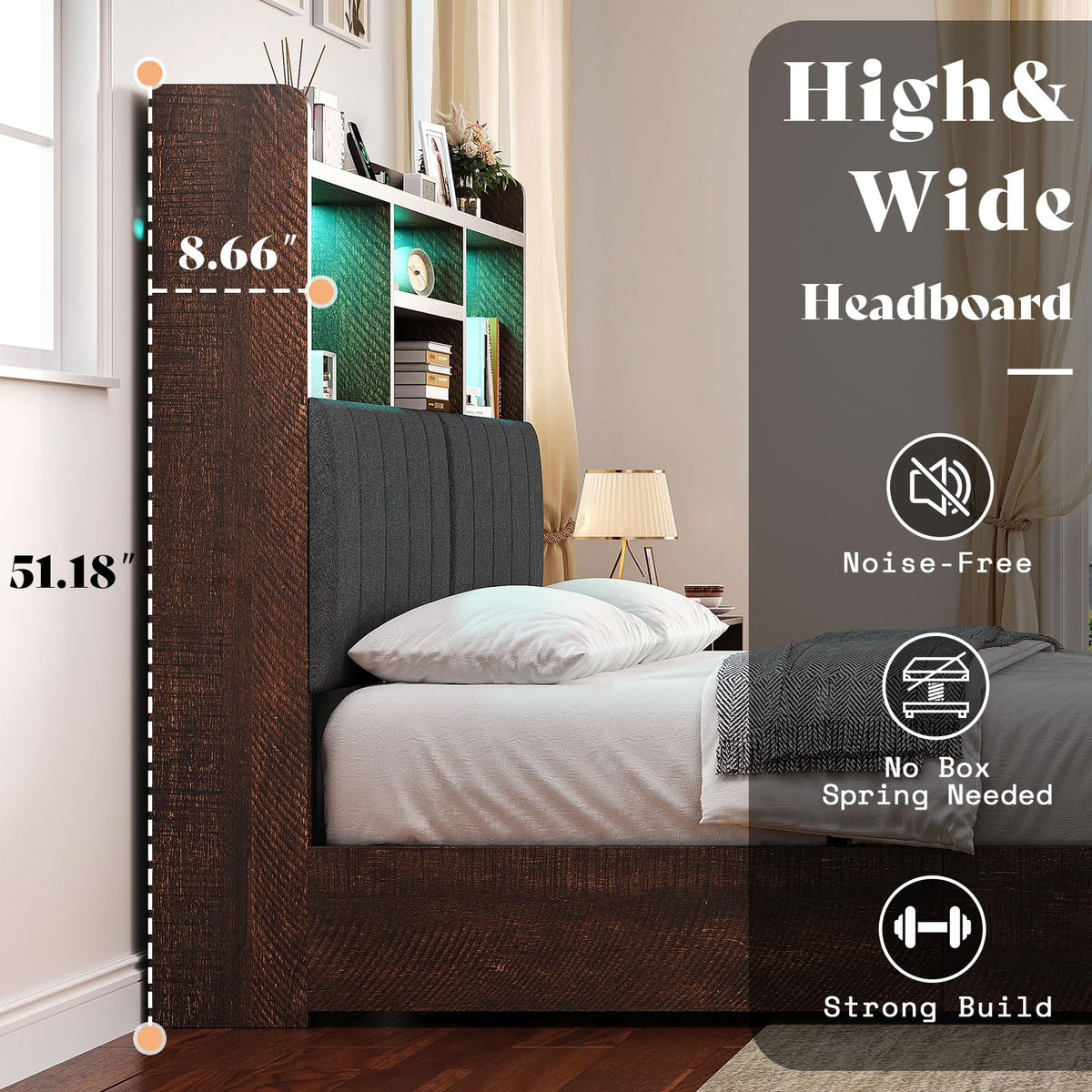 King Brown Storage Bed with Bookcase Headboard & Drawer E76867