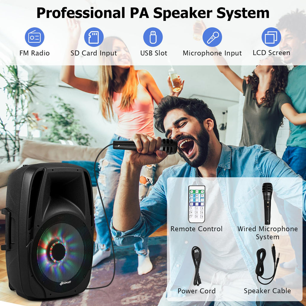 Portable 15" 1500W 2-Way Bluetooth PA Speaker System Set with Stand Q968